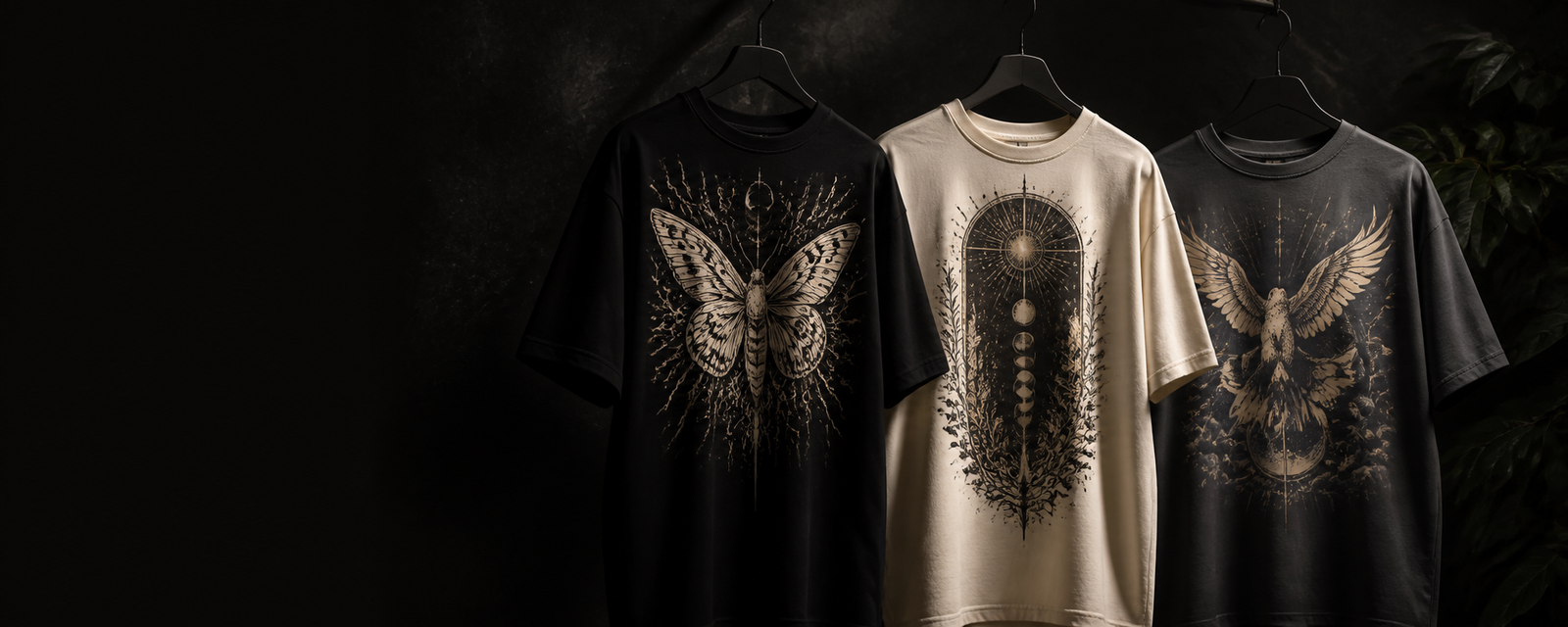 Three premium graphic T-shirts hanging in a dark studio