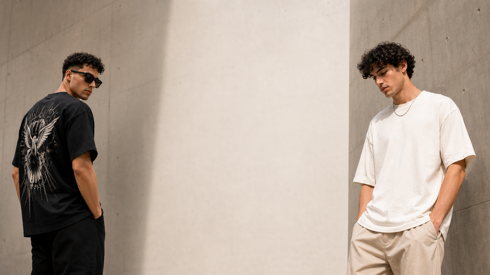 Two models wearing premium black and white oversized T-shirts